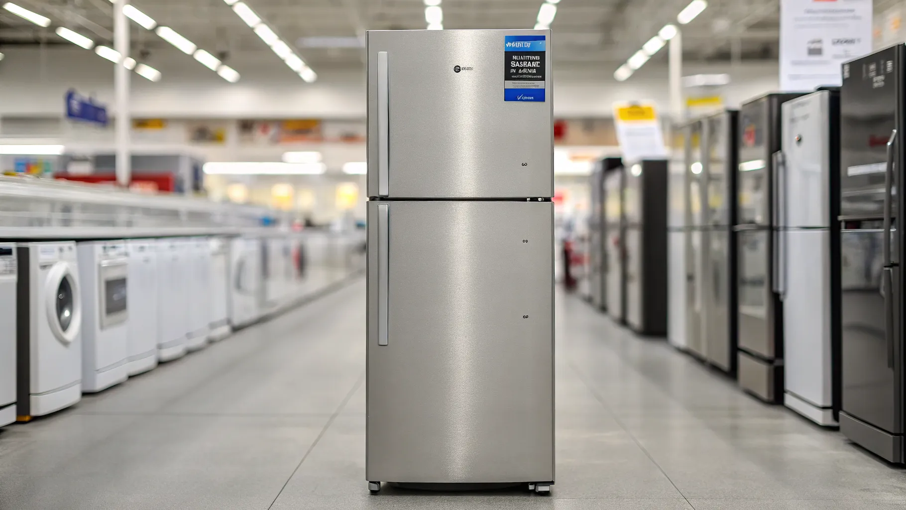 A modern stainless steel Best Buy scratch and dent refrigerator with a small ding on the side, highlighting its cosmetic imperfection and potential for savings.