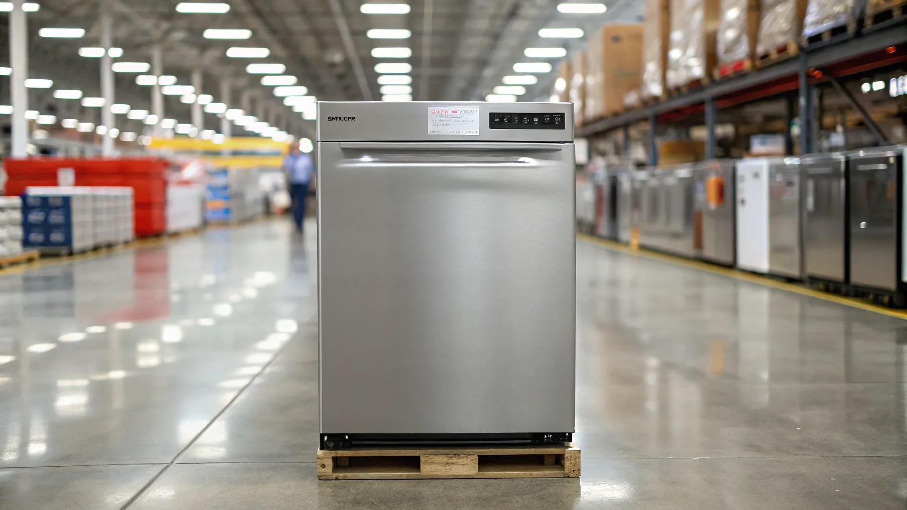 A display of various Costco scratch and dent dishwashers in a warehouse setting, emphasizing discounted prices and minor cosmetic flaws.