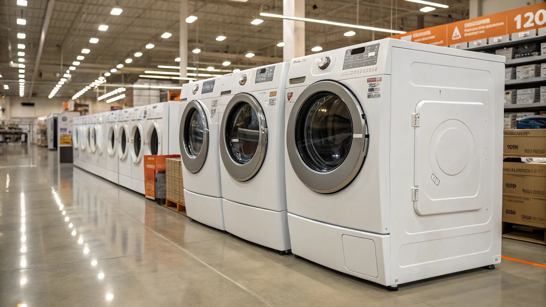 Home Depot scratch and dent dryers under $600 on display, showcasing minor cosmetic imperfections.