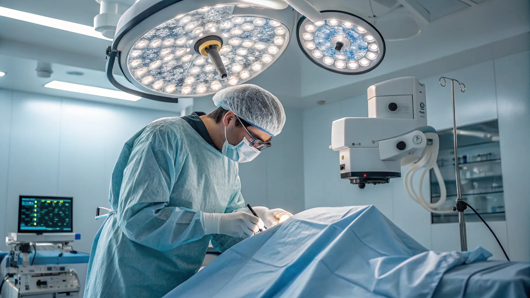 A detailed surgical microscope in a modern operating room, representing advanced cataract surgery clinics.