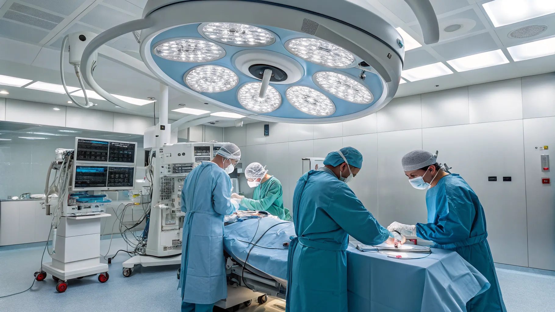 Surgeons performing coronary artery bypass grafting (CABG) in a modern operating room, representing advanced heart surgery hospitals