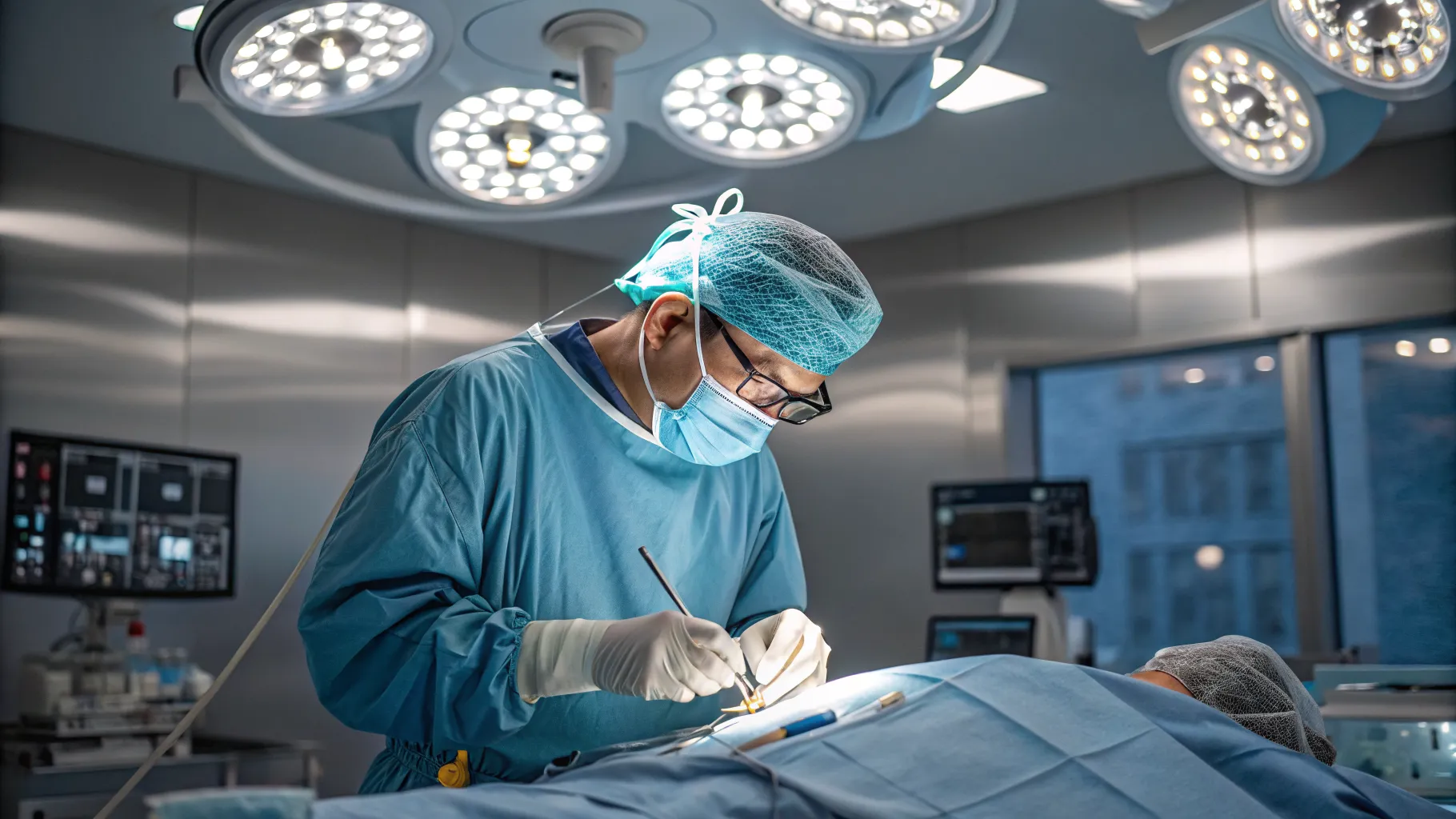 Spine surgeons performing a complex spinal fusion surgery in a modern operating room