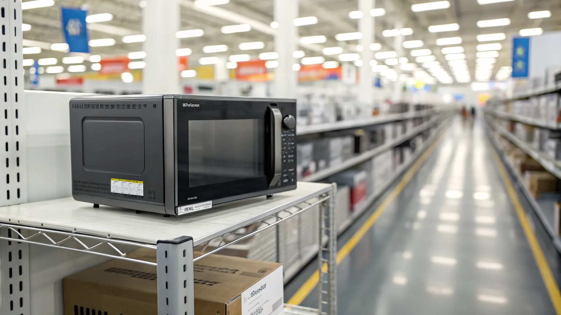 Close-up of a <strong>Walmart scratch and dent microwave</strong> with a minor dent on the side, displayed in a brightly lit discount section