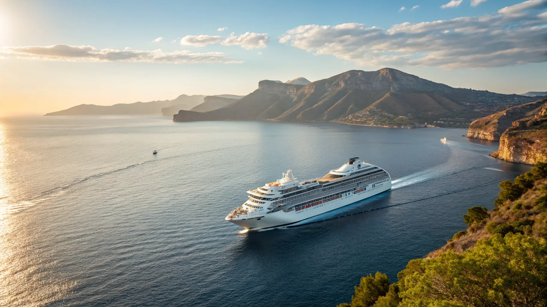 A beautiful cruise ship docked in a sunny port during a 14-night spain portugal and france cruises journey.