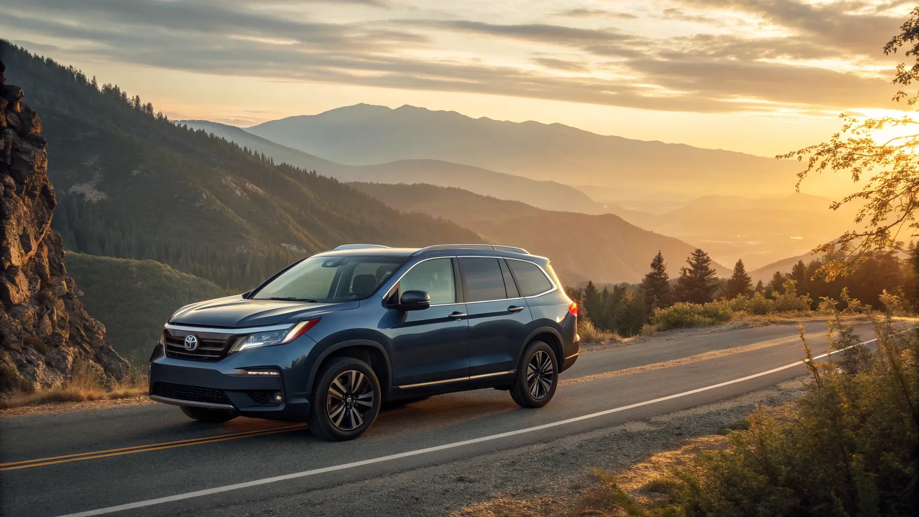 A dark blue 2026 Honda Pilot SUV on a mountain pass at sunset, highlighting its modern design.