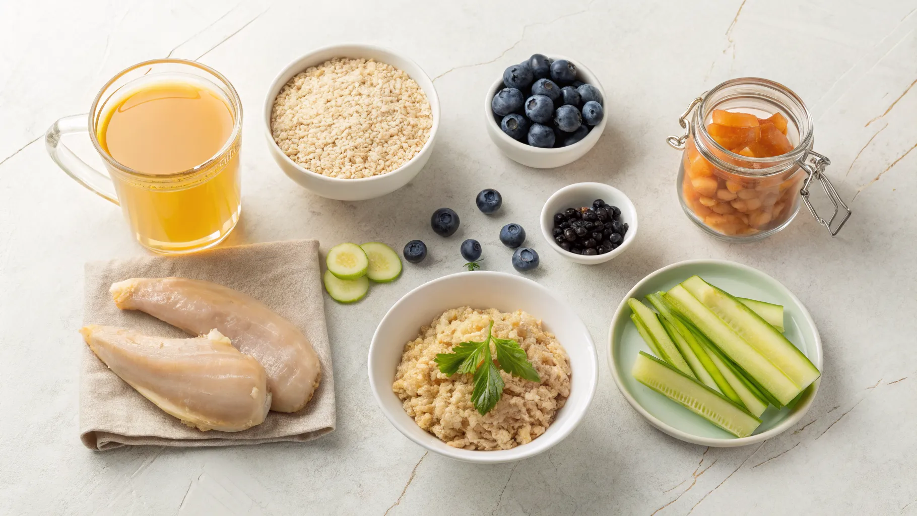 A soothing arrangement of 7 gut friendly foods to stop flare ups on a calming background.