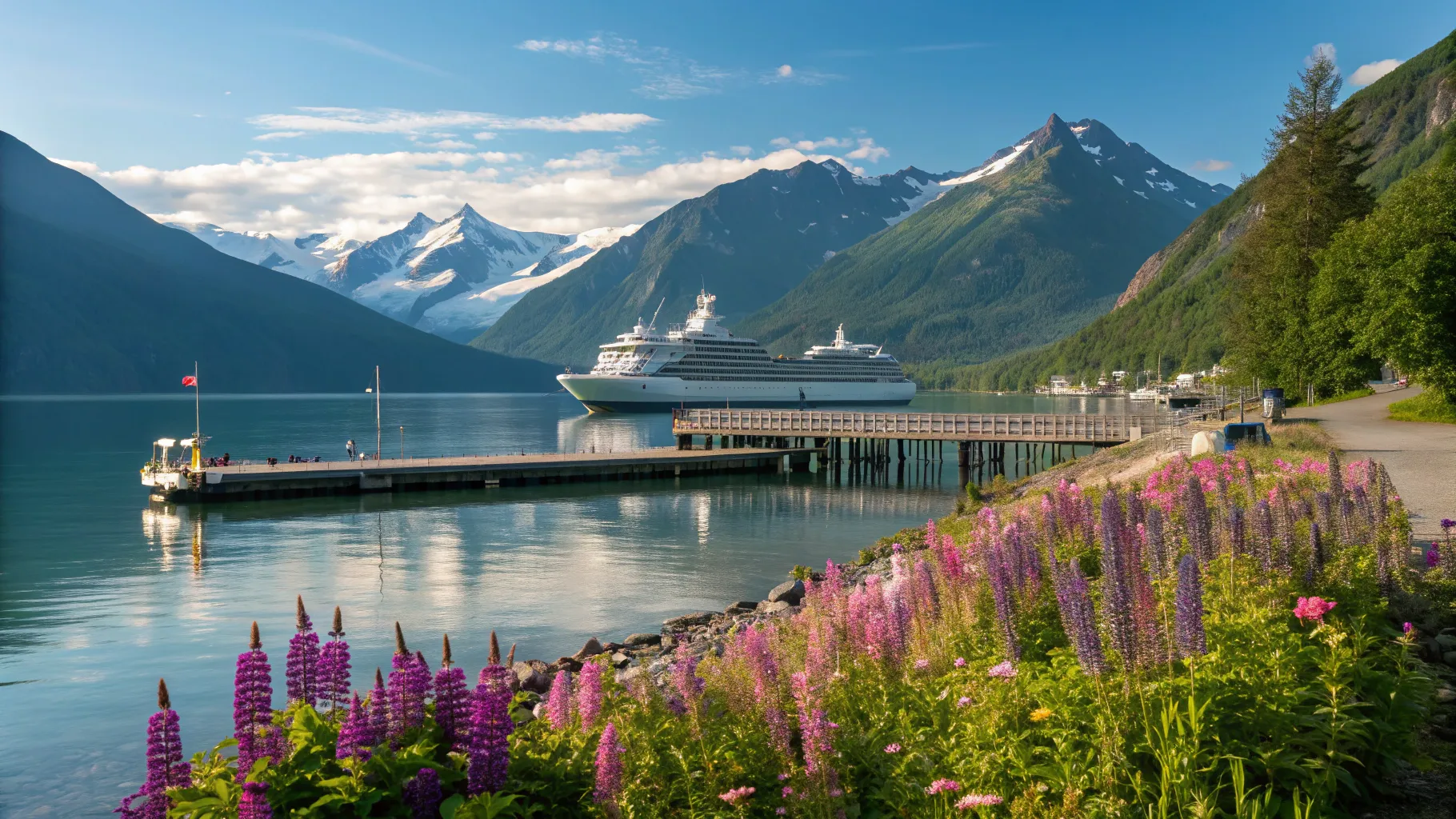 Alaska Senior Cruises 2026 with an elegant ship amidst stunning mountain scenery.