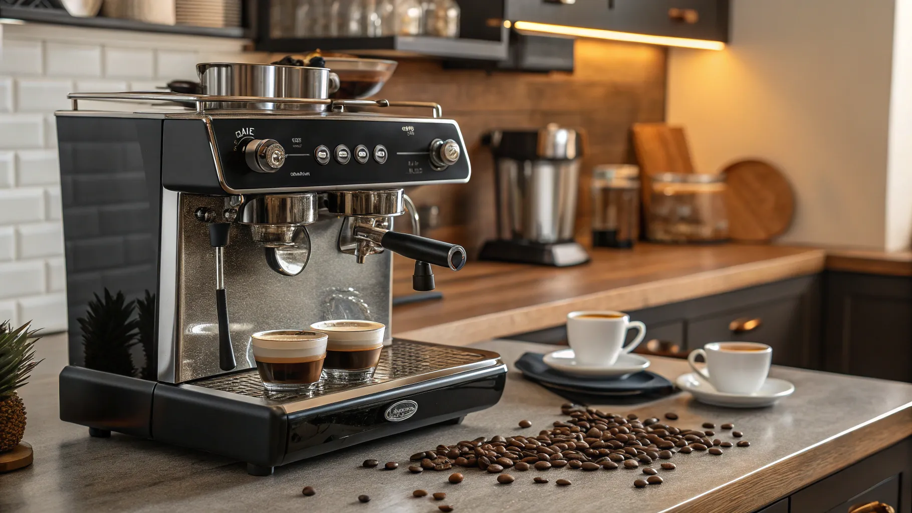 Tips for Buying an Espresso Machine: A detailed coffee setup in a warm kitchen ambiance.