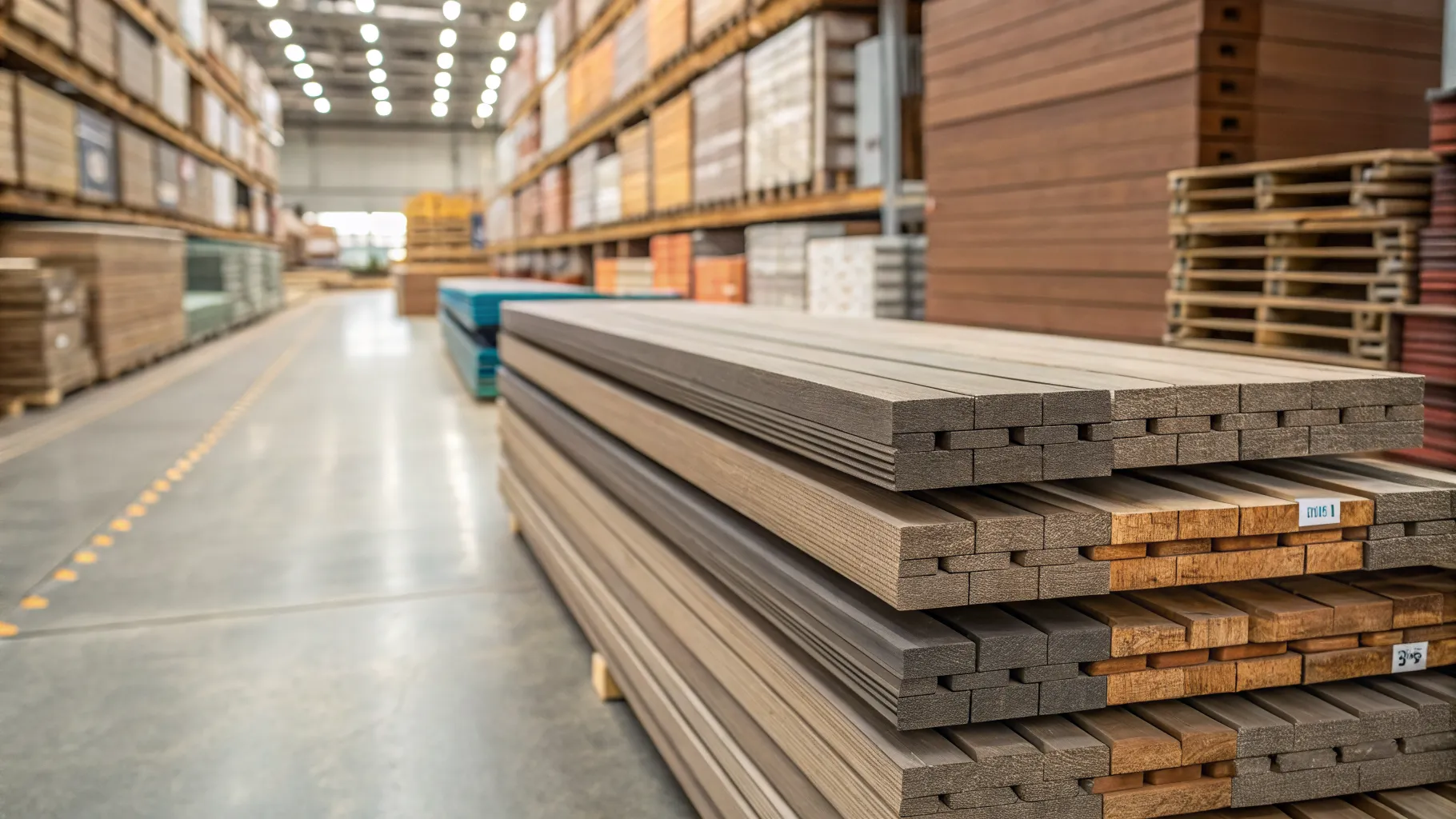 A stack of various composite decking boards showcasing different colors and textures, illustrating cheap composite decking prices.