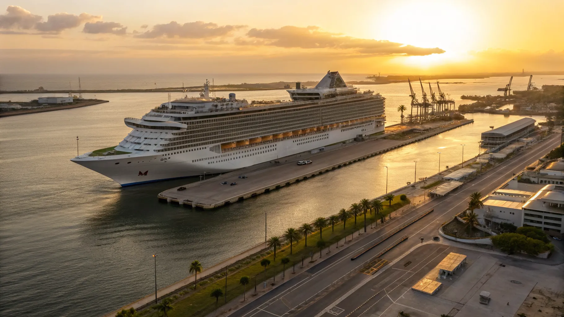 A majestic cruise ship departing on one of the cheap cruises from Port Canaveral at sunset.