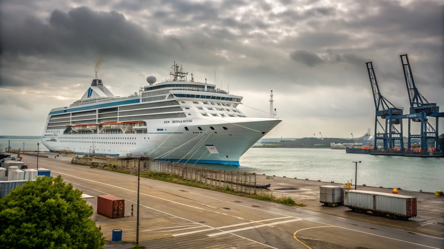 A large cruise ship sailing away from a UK port at sunrise, illustrating the opportunity for cheap cruises from uk.