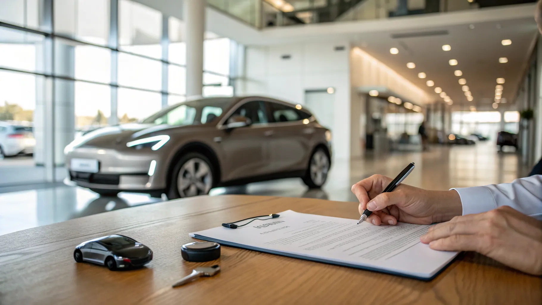 A person reviewing a lease agreement for an EV, highlighting the electric car lease tax credit benefits.