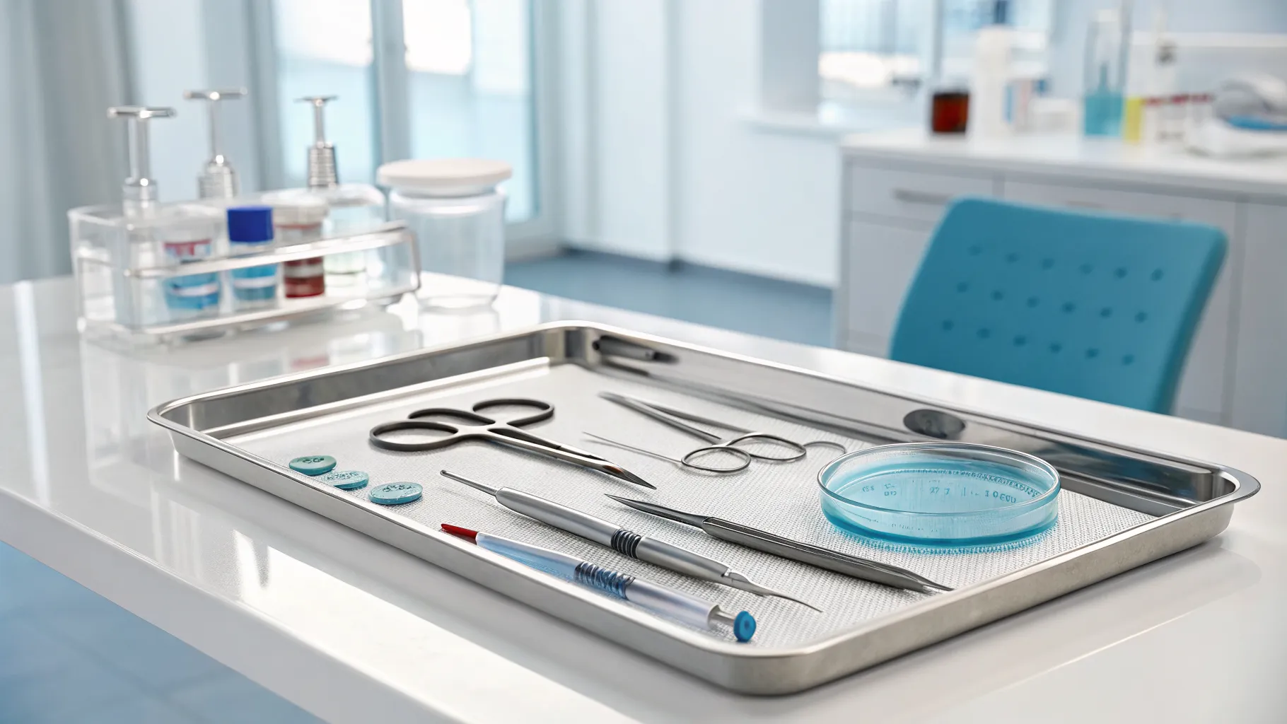A close-up view of the tools and equipment used in a sterile clinical setting to illustrate the eyebrow transplant cost.