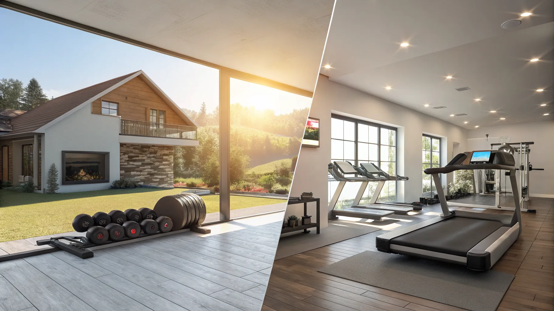A split image showing a well-equipped home gym on one side and a bustling commercial gym on the other, comparing the Home Gym Vs Gym Membership debate.