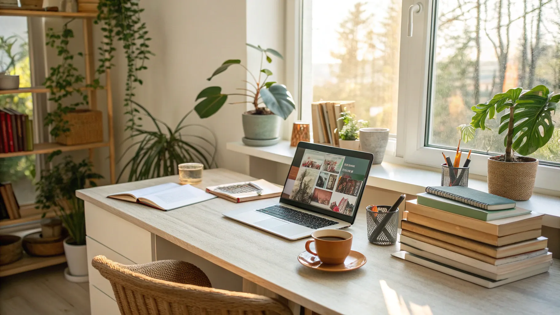 College Courses for Seniors: A cozy study area filled with books, a laptop, and sunlight.