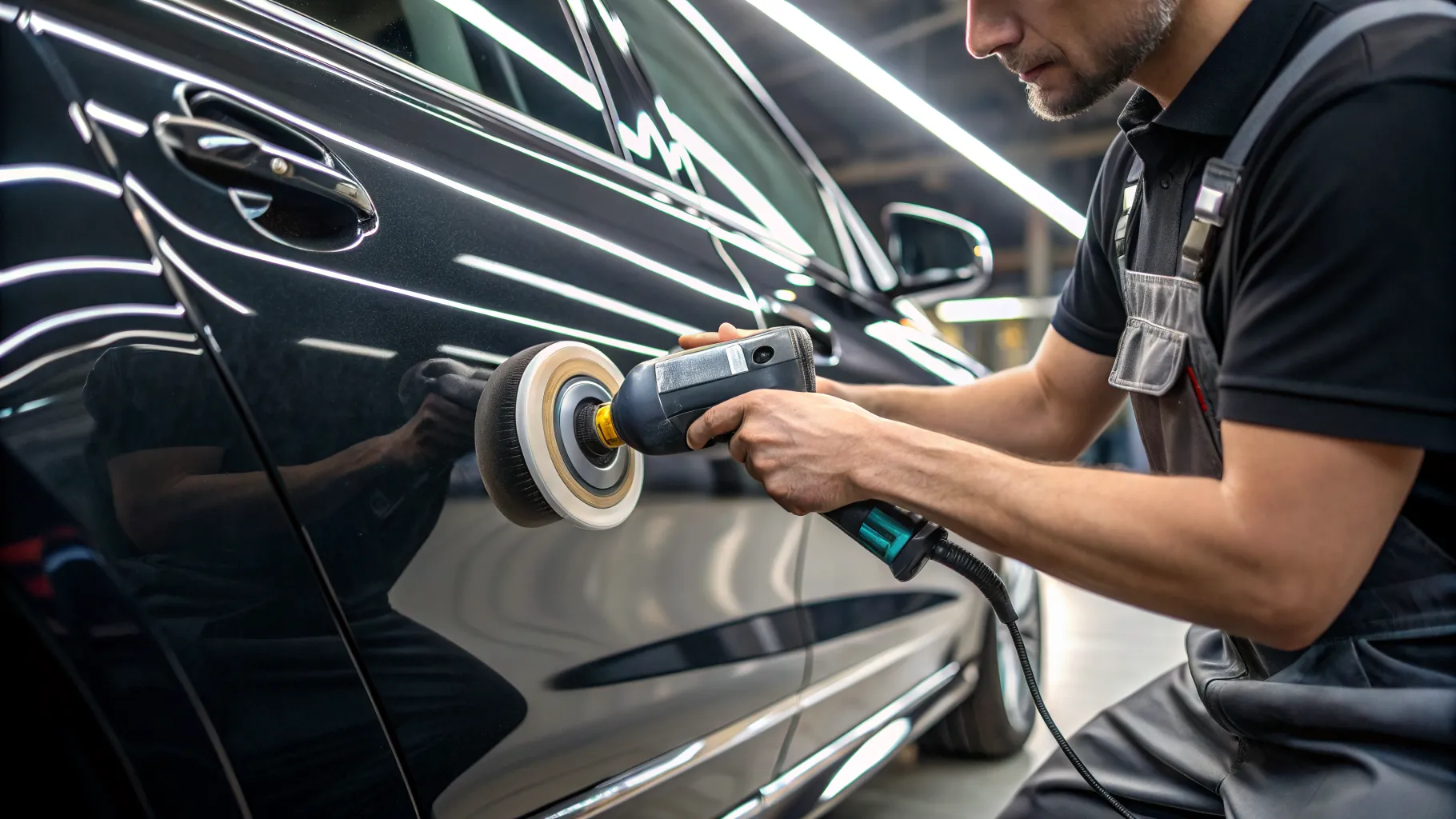 An auto body technician carefully polishing a repaired scratch on a modern car