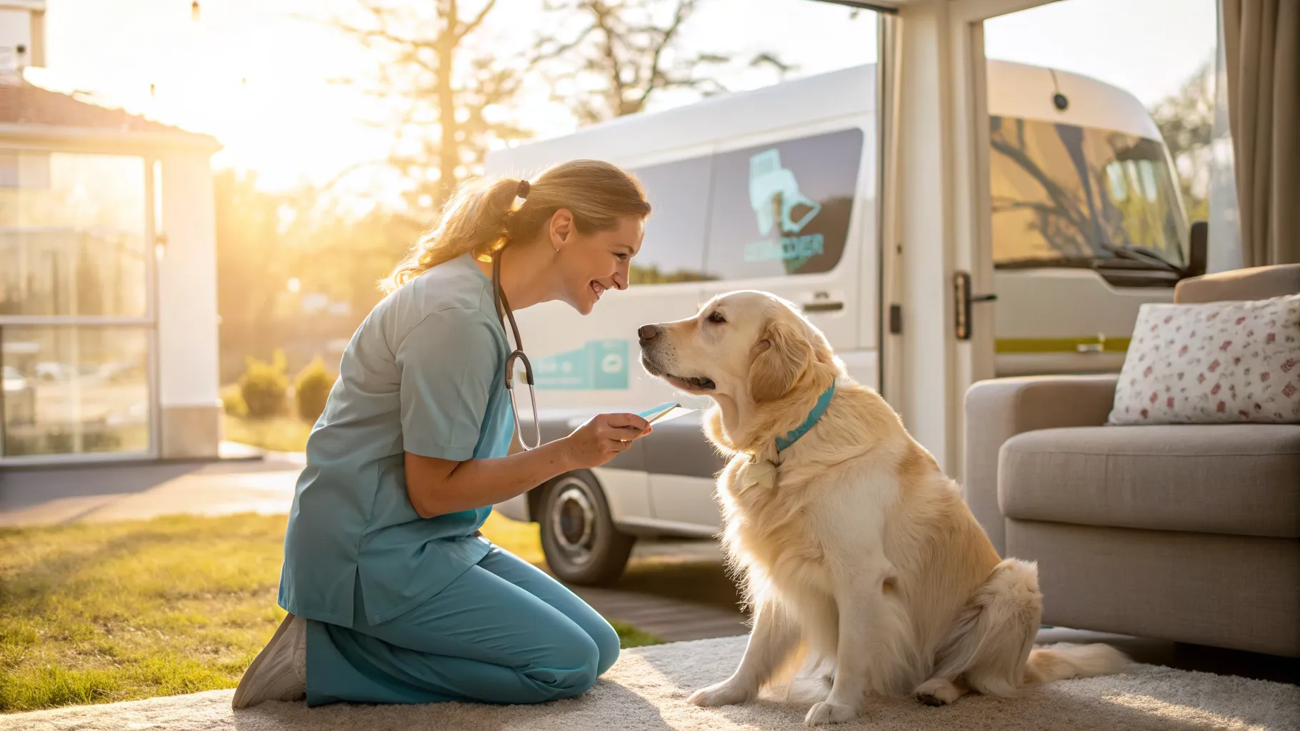 A veterinarian conducting a check-up on a dog in the comfort of its home, illustrating a mobile vet service.