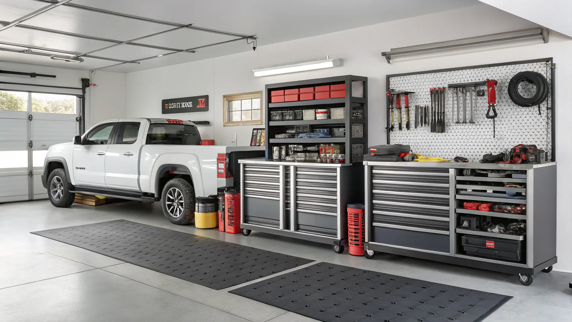 A collection of various truck accessories, including a folded bed cover and rugged floor mats, ready for installation.
