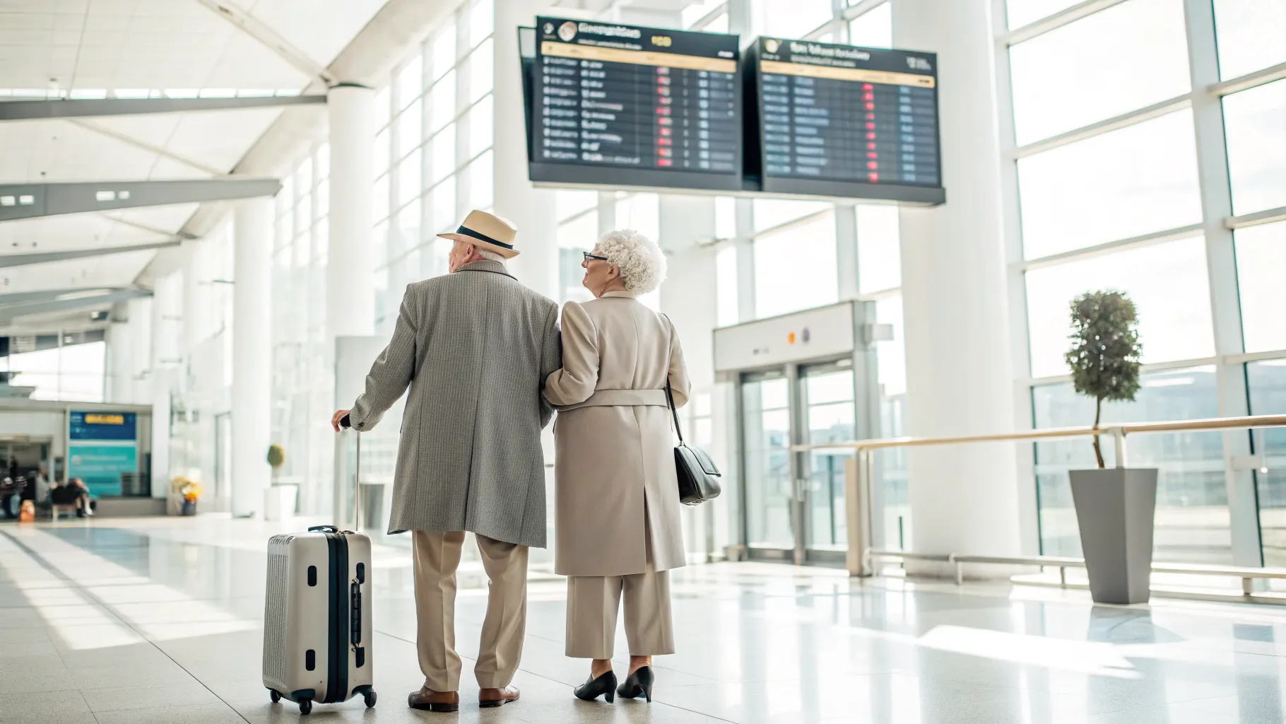 A smiling older couple looking at a departures board in an airport, planning their trip with senior travel discounts.
