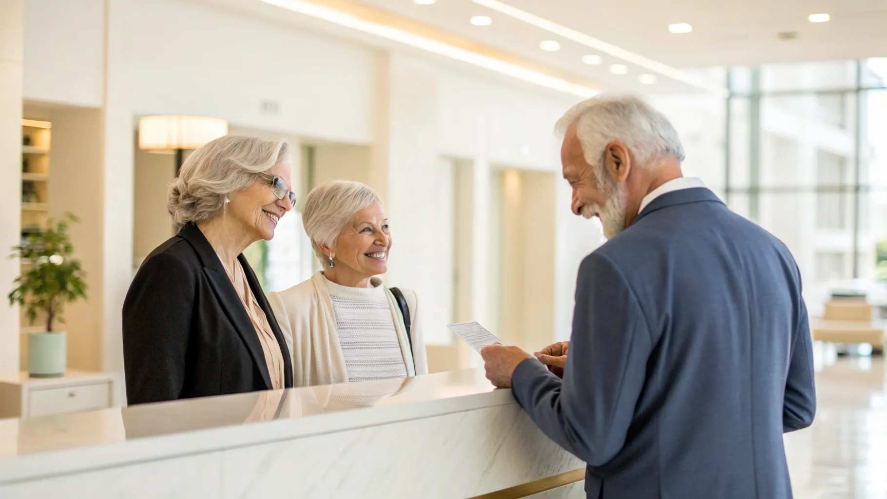 A smiling senior couple reviewing their booking on a tablet, taking advantage of senior hotel deals.