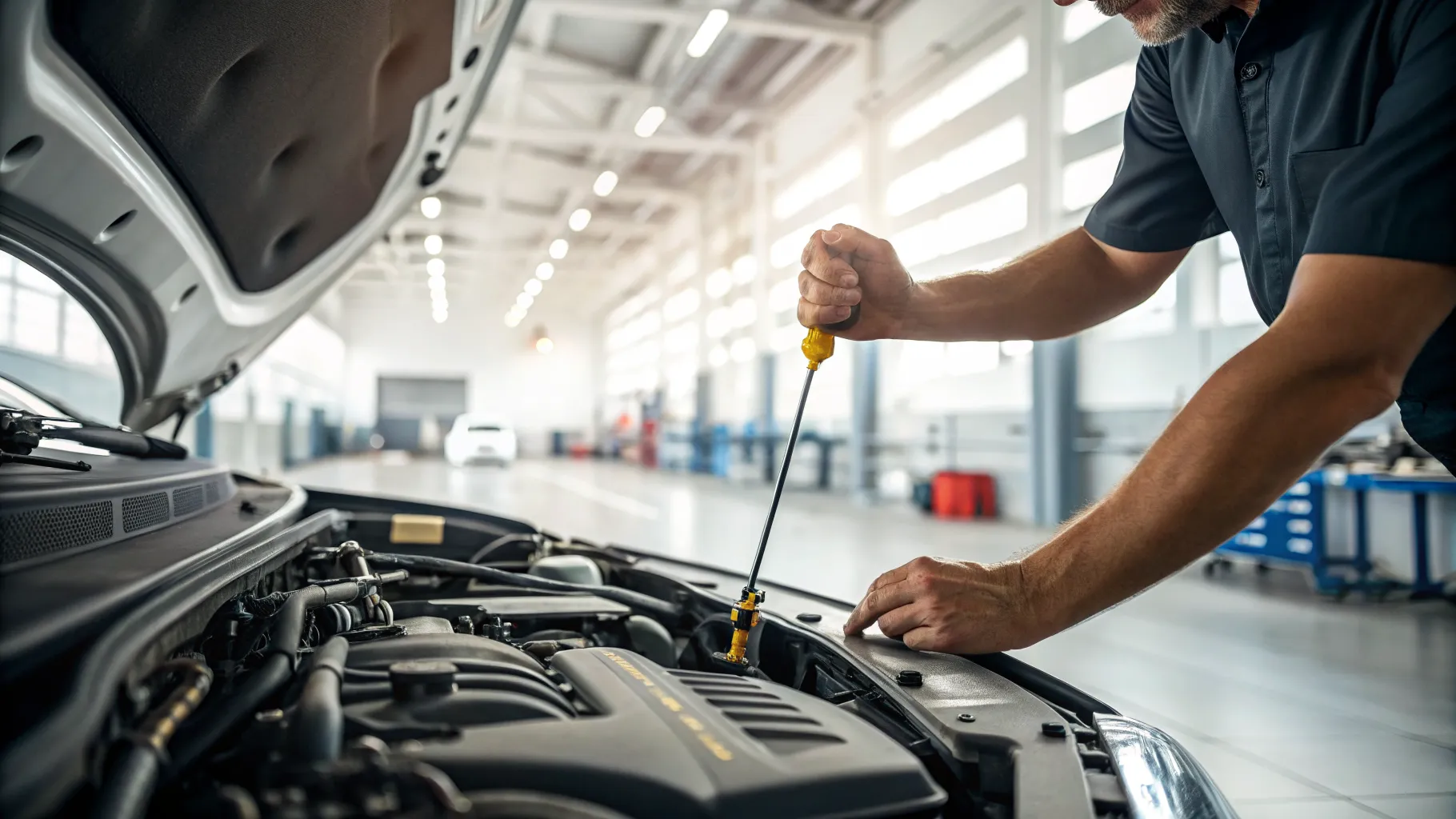 A person checking the oil level in their car engine, demonstrating one of the simple ways to save money on car repairs.