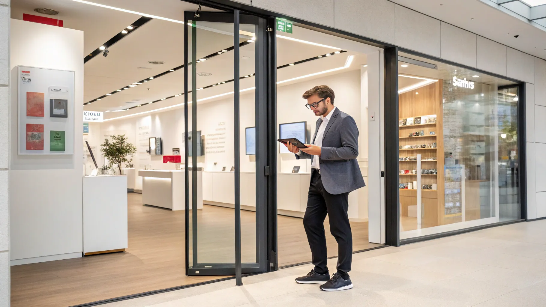 Store greeter position at sleek glass entrance with bright, modern retail interior.