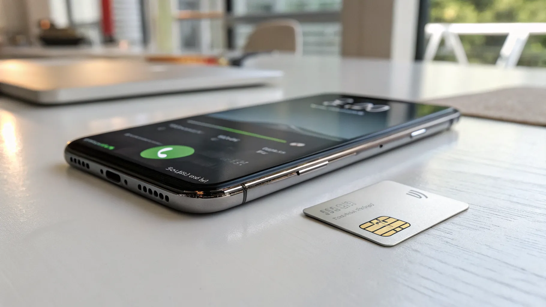 A modern smartphone displaying its connection to a fast 5G network next to an unlimited data SIM card.