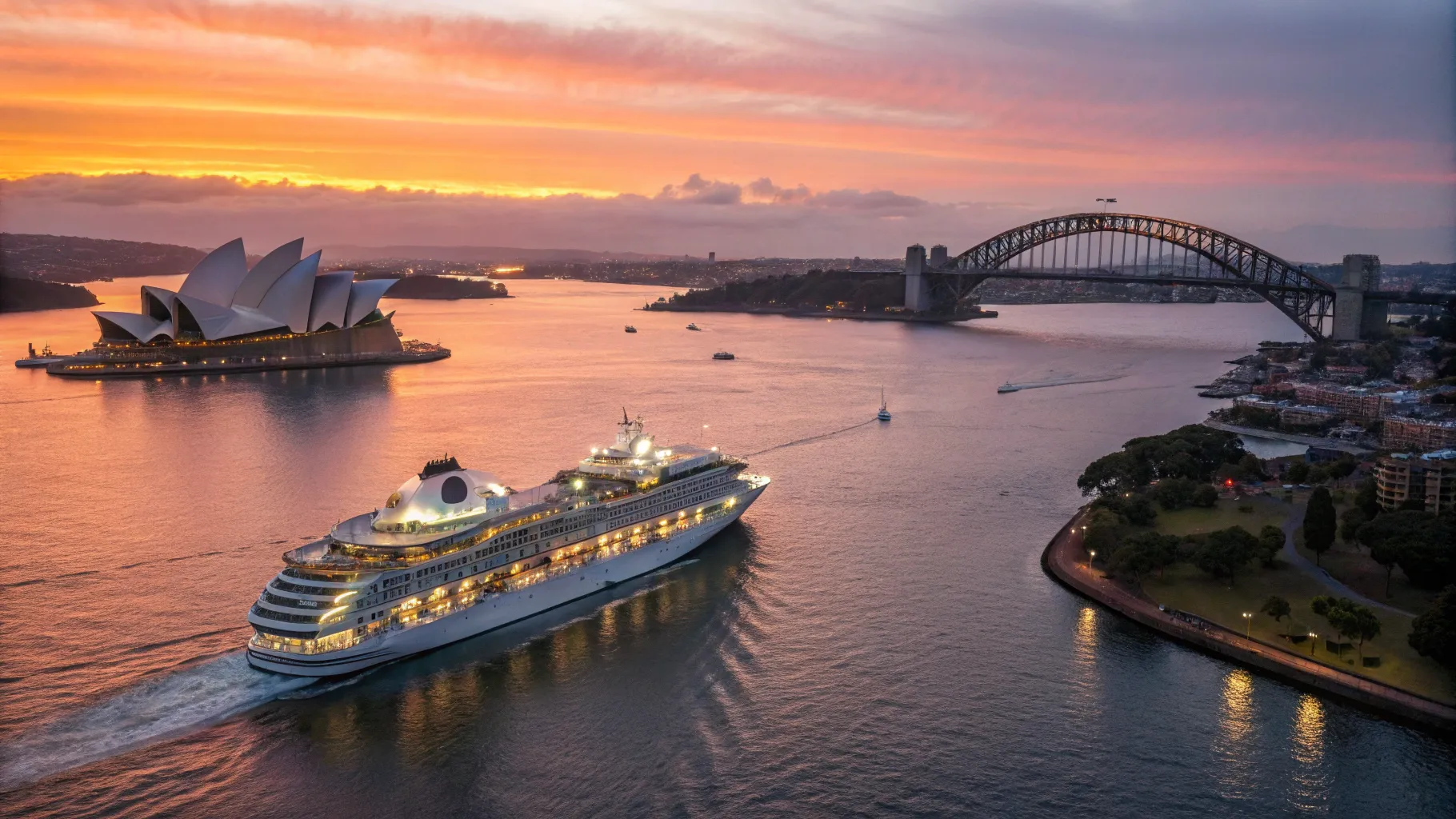 Australia to New Zealand Cruise at sunset, highlighting a luxury ship and scenic views.