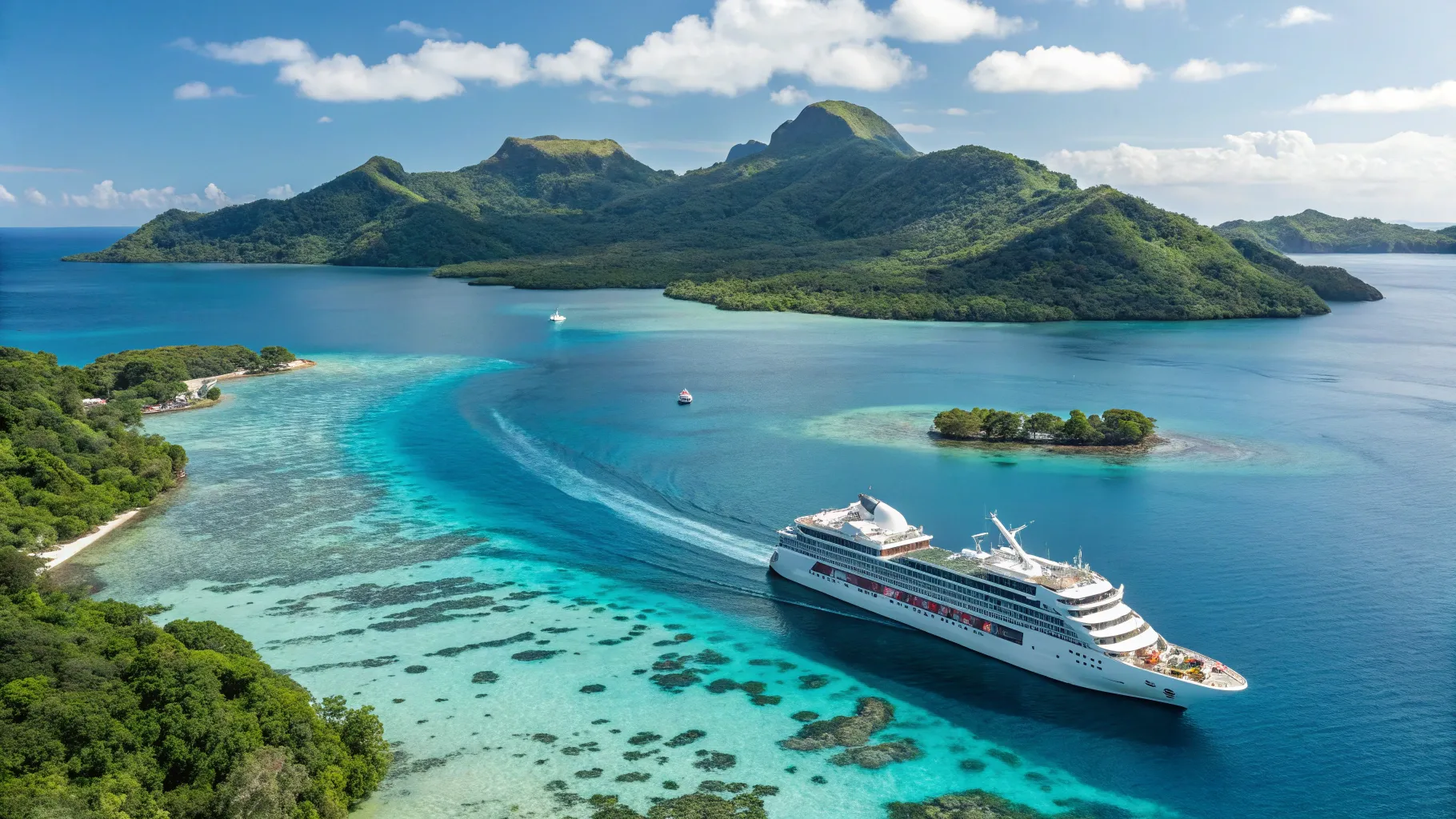 Australia to Papua New Guinea Cruise showcasing a luxury ship amid stunning tropical scenery.