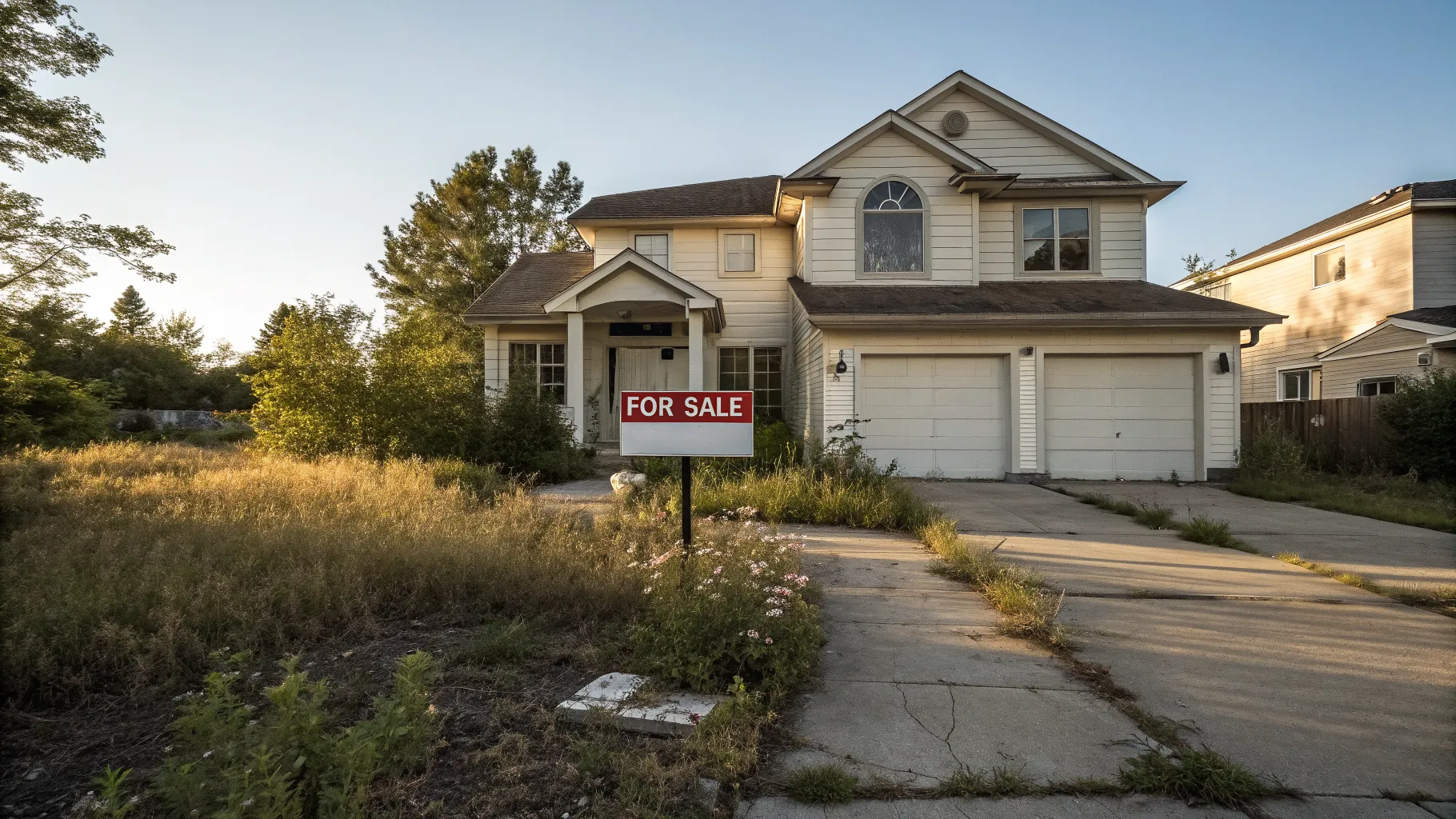 A vacant bank-owned residential property with a for sale sign in the front yard