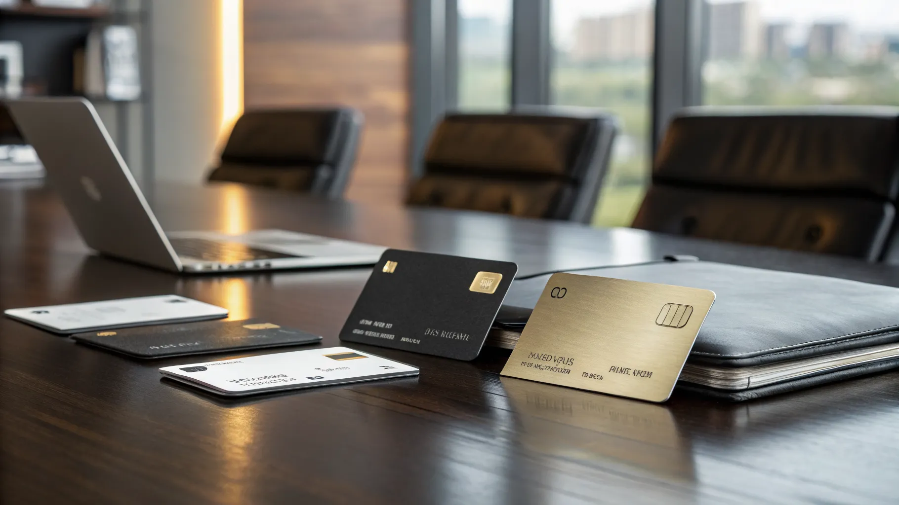 A selection of the best business credit cards for rewards laid out on an office desk.