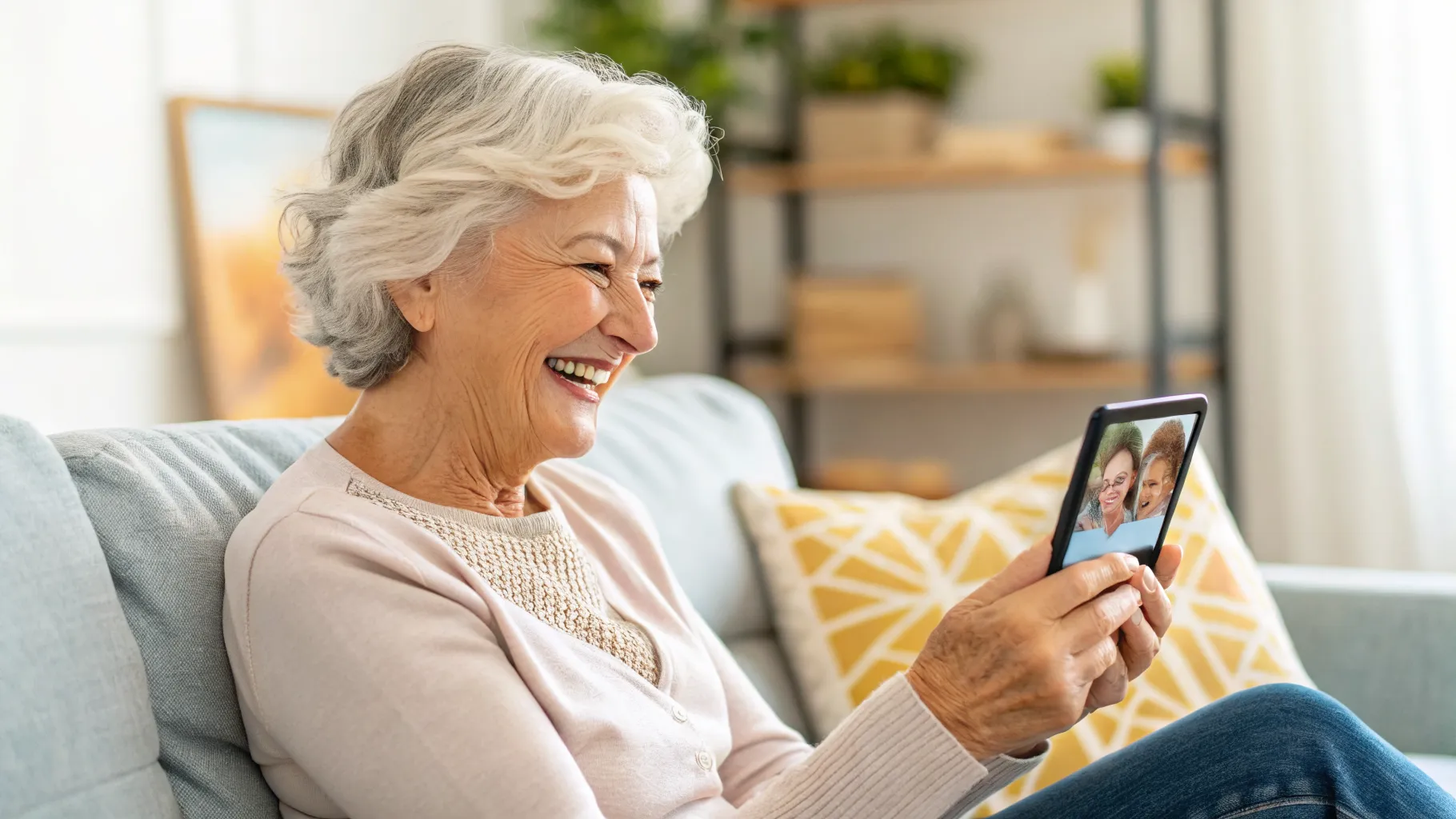 A senior woman smiles while easily using her smartphone, representing the search for a user-friendly cell phone plan.