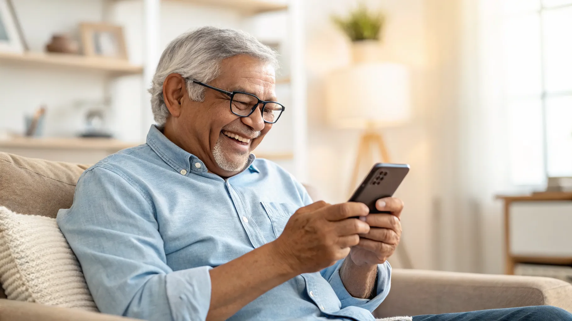 A smiling senior man with glasses sitting on a couch, happily engaged while using a modern smartphone.