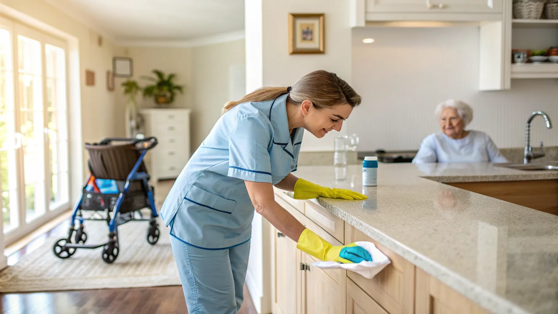 A caring professional cleaner dusting a living room shelf, showcasing home cleaning services for seniors.