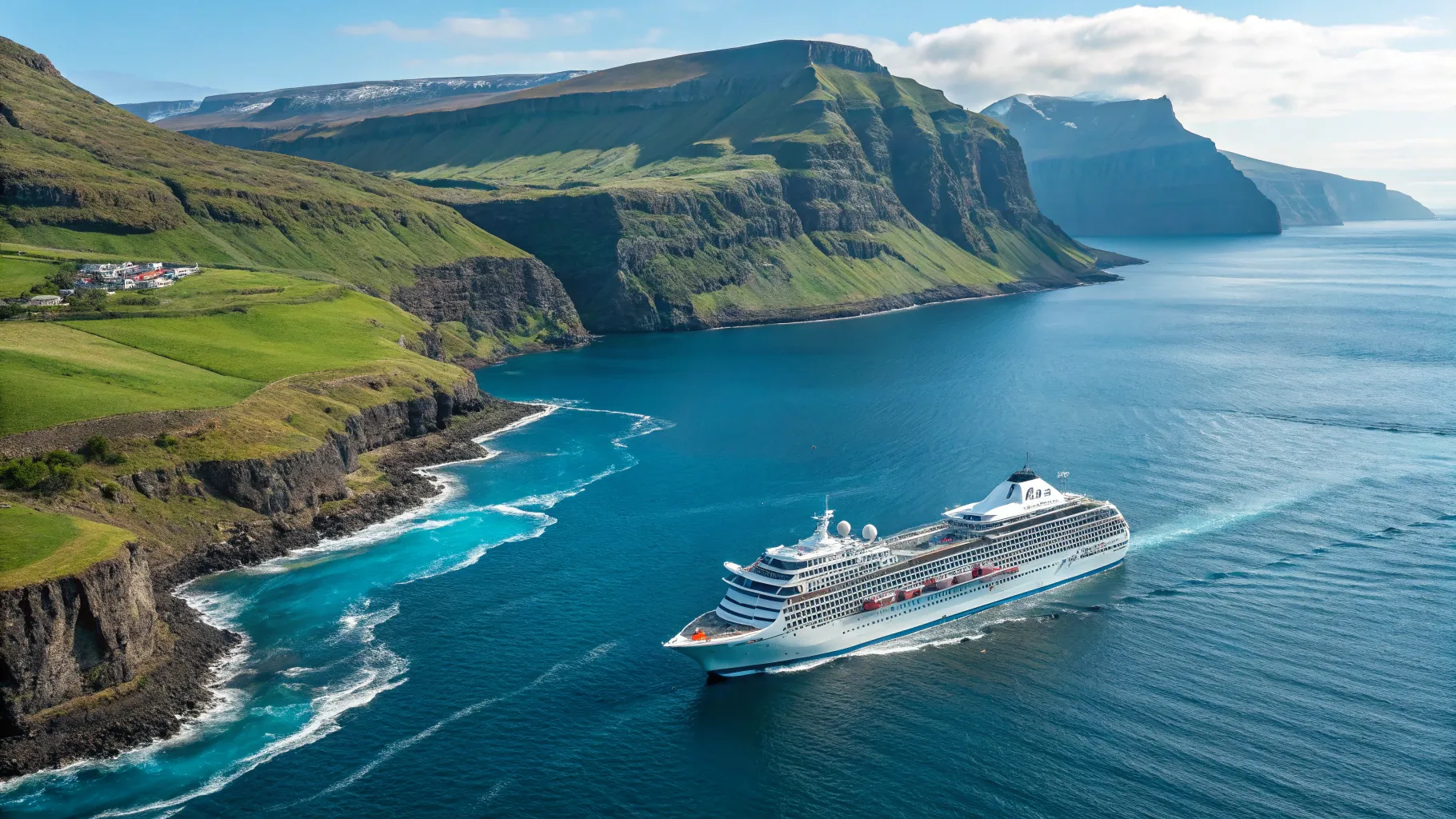UK to Iceland Cruise through vibrant blue waters towards rugged Icelandic cliffs.