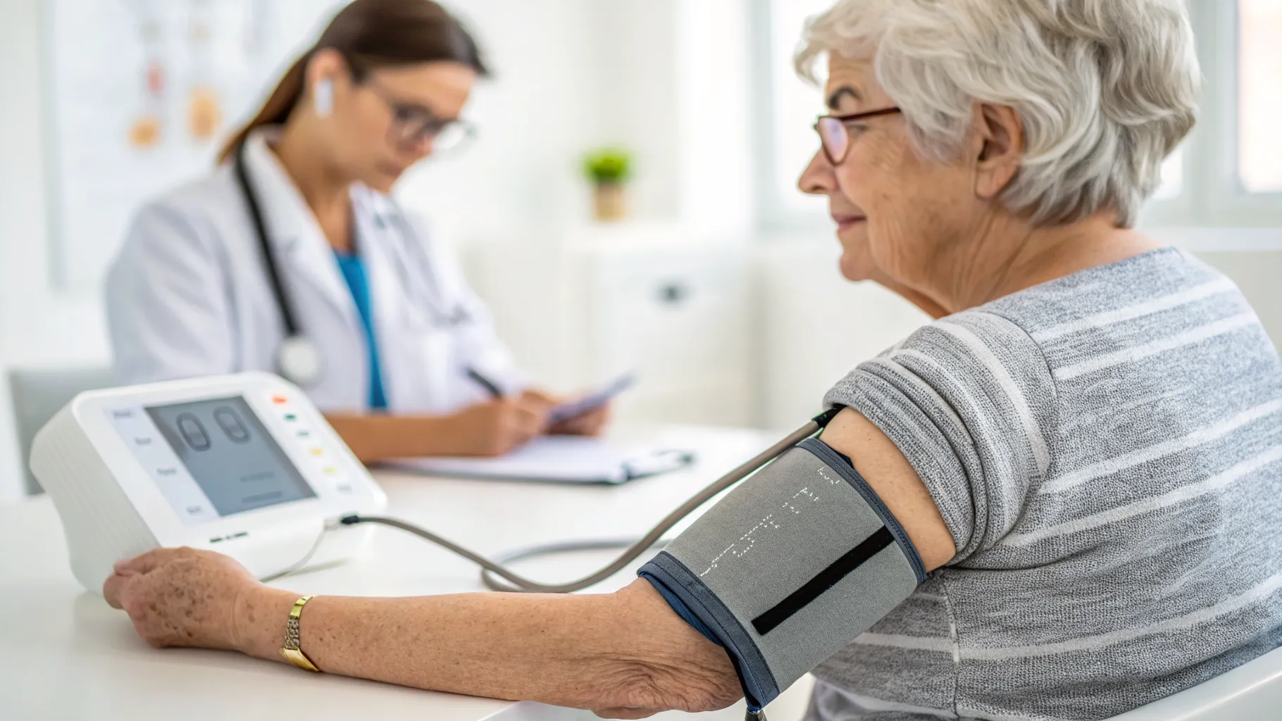 An elderly patient undergoing a non-invasive cardiovascular diagnostic screening seniors test with a medical professional.