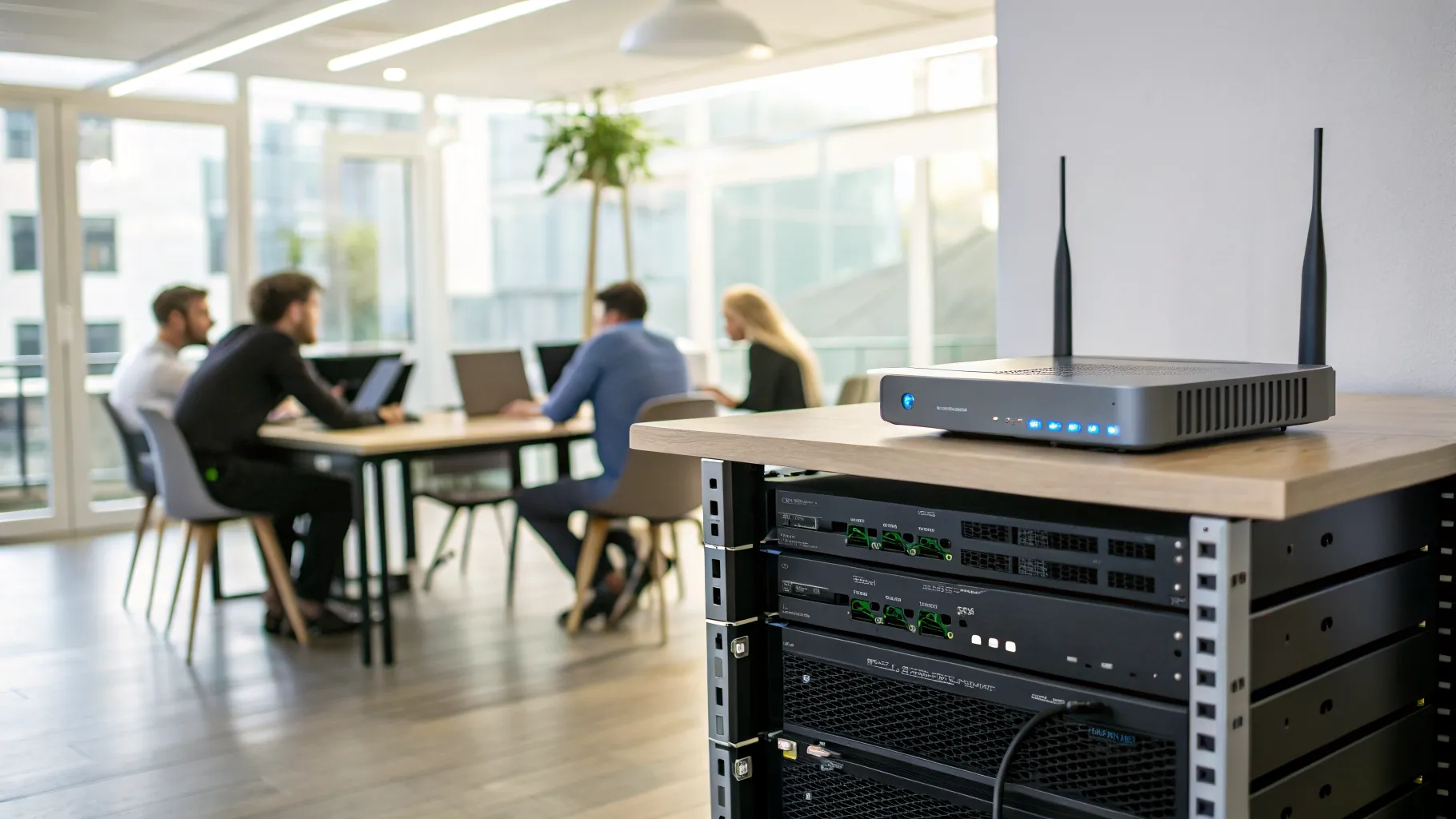 A modern server room with networking equipment symbolizing reliable high speed office internet for businesses.