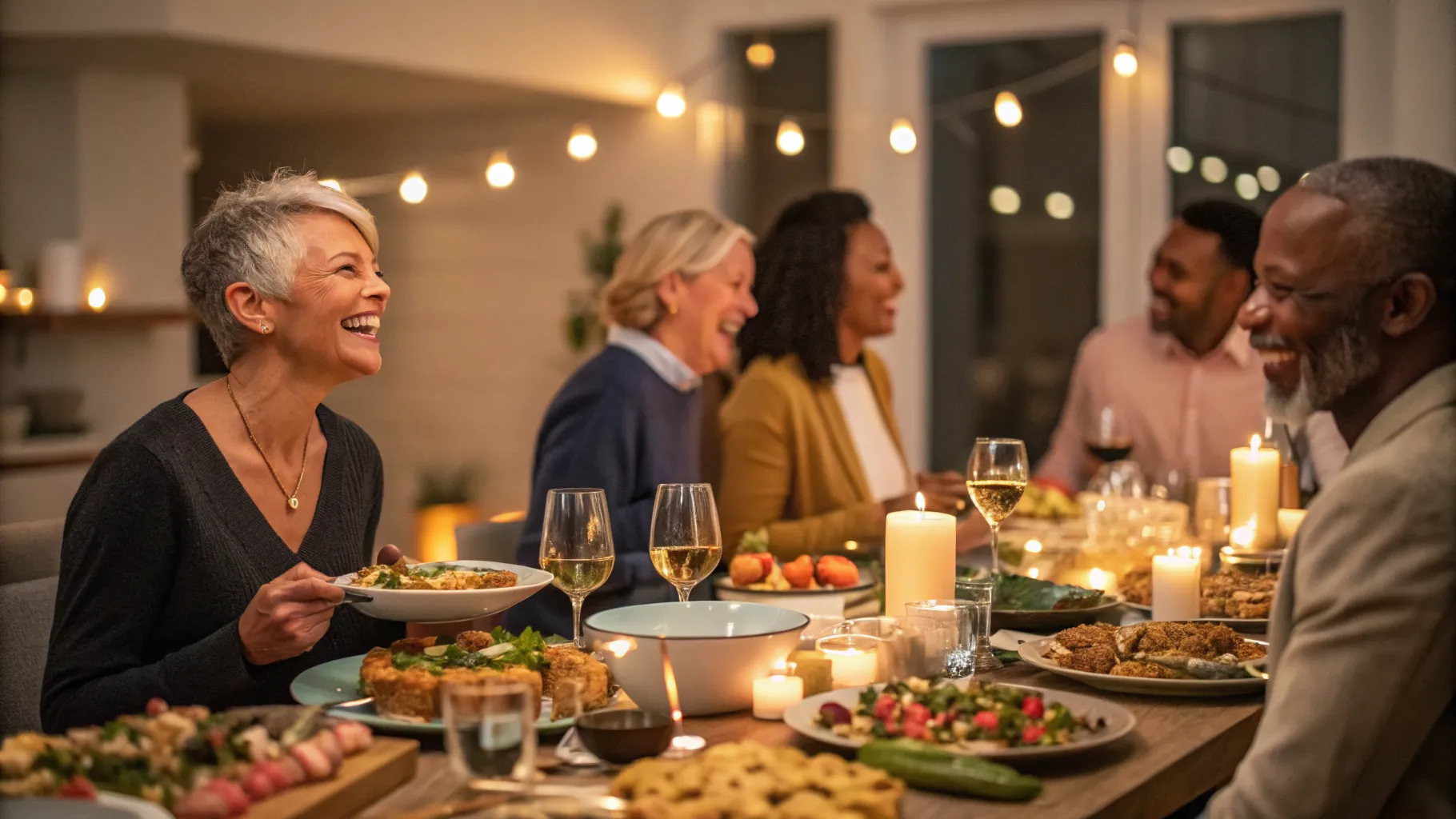 A beautifully set dining table surrounded by a diverse group of older adults enjoying a meal, illustrating great hosting tips older adults dinner events.