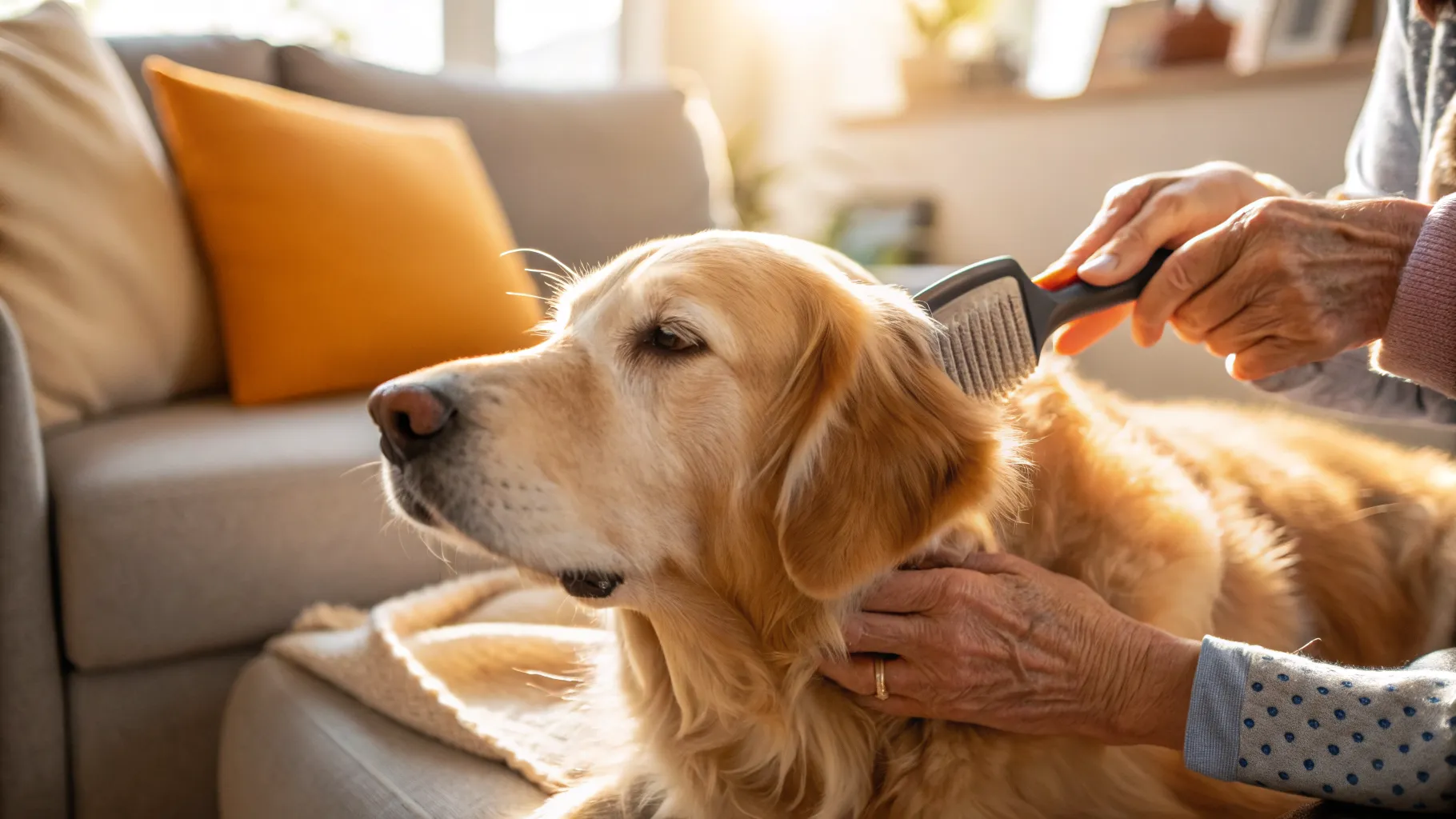 A senior person comfortably using one of the low wrist strain pet grooming tools on a happy dog.