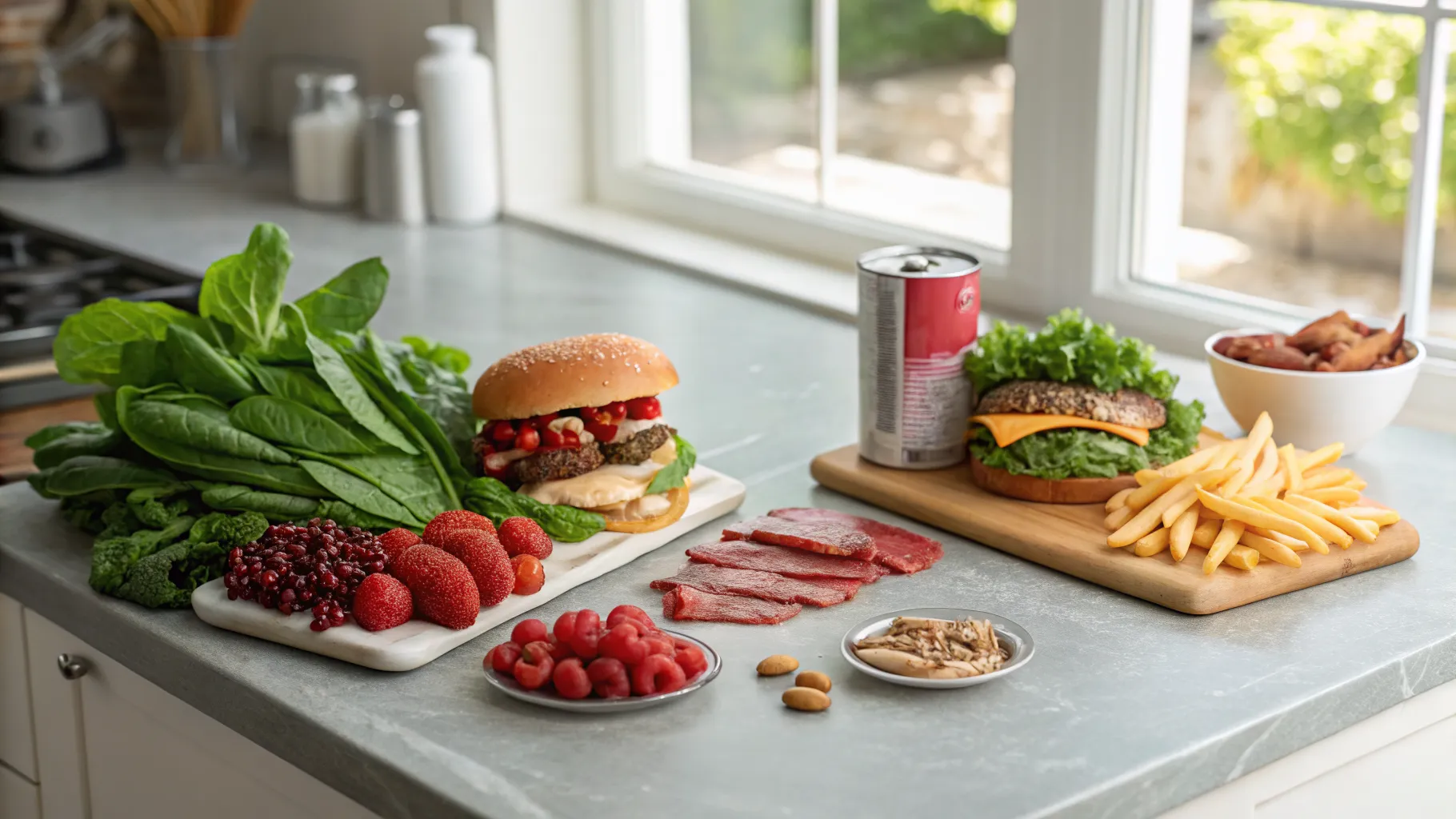 A display of unhealthy foods to avoid for fatty liver disease, including fried items, sugary sodas, and processed meats.