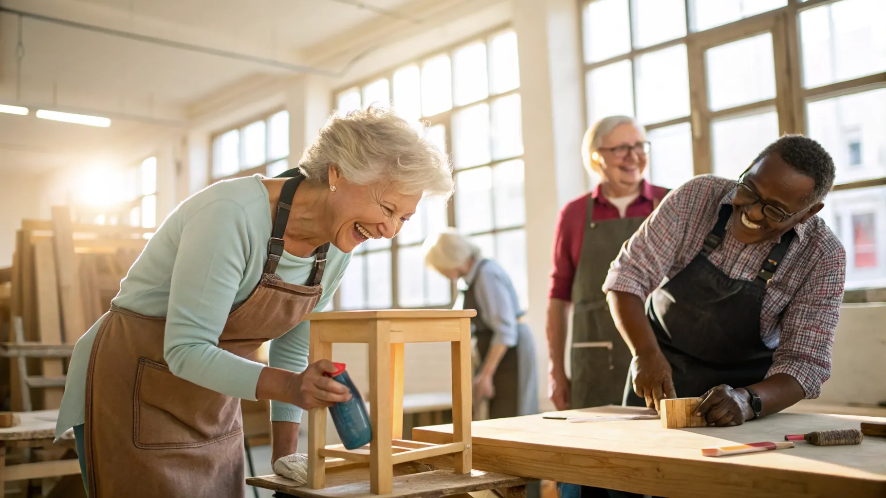 A group of diverse seniors learning together in a well-lit workshop focused on furniture restoration courses seniors