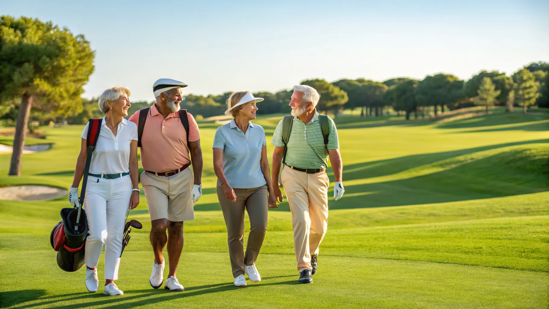 A group of cheerful seniors enjoying a day of golf on a lush, green course.