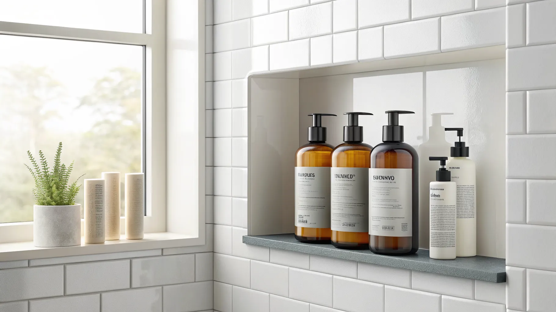 A curated collection of hair products for thinning hair arranged neatly on a minimalist bathroom counter.