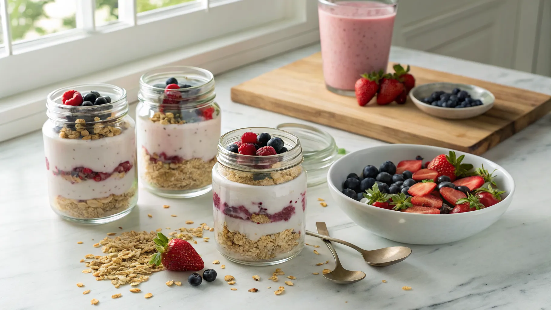 A variety of healthy quick breakfast for seniors displayed on a kitchen counter.