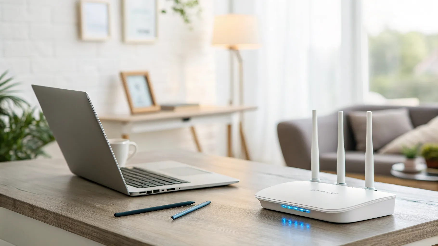 A modern wifi router on a shelf, symbolizing the search for reliable wifi providers.