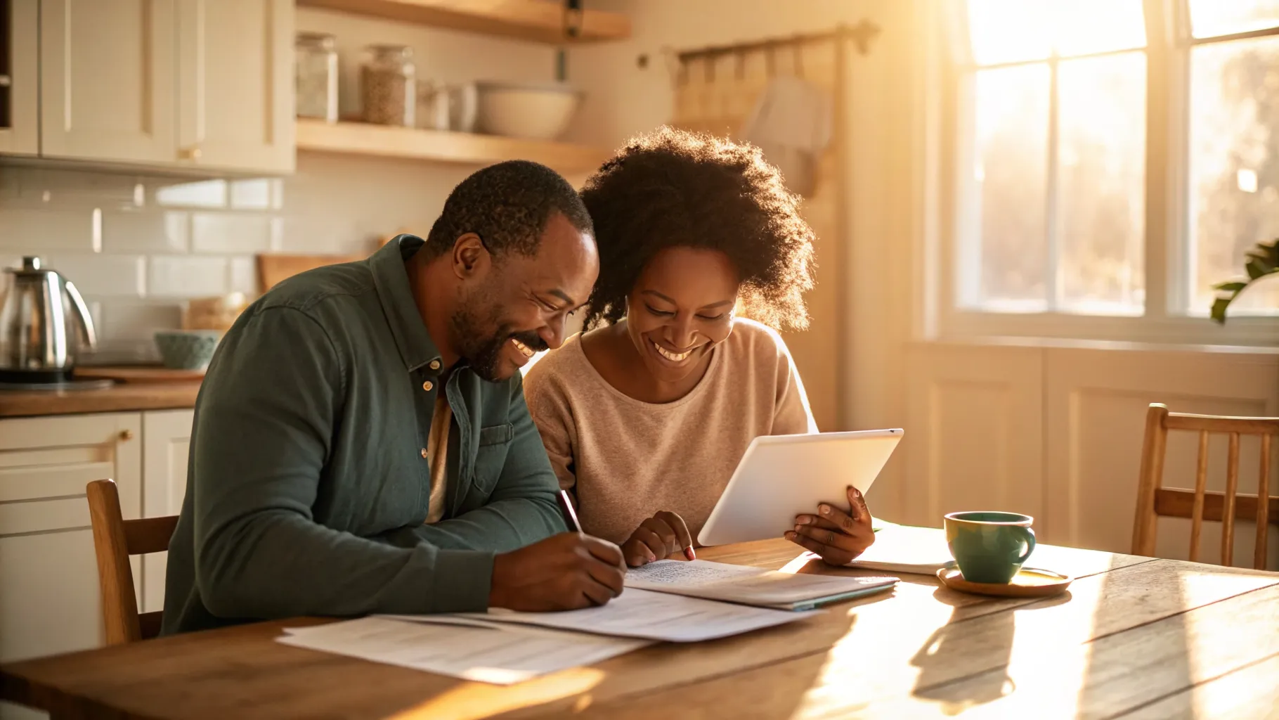 A hopeful couple researching IVF financial assistance options on a tablet at their kitchen table.