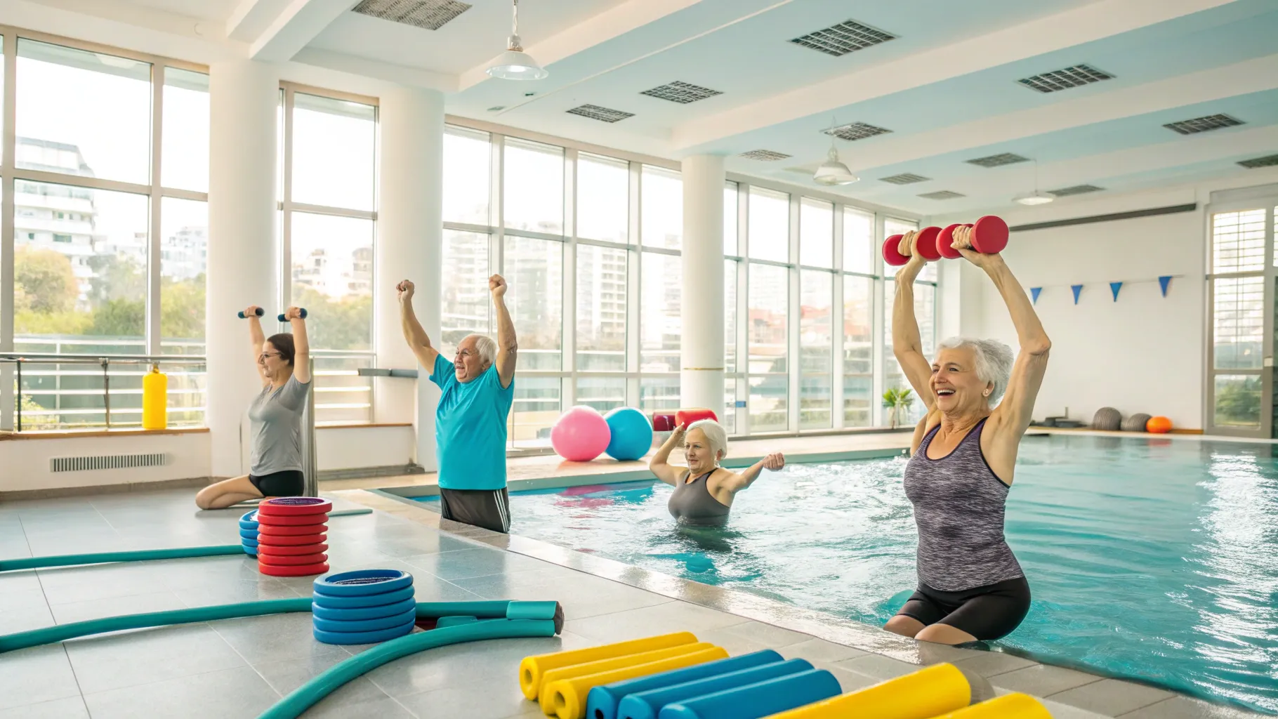 Gym for Seniors offers a lively space with exercise equipment and seniors in water aerobics.