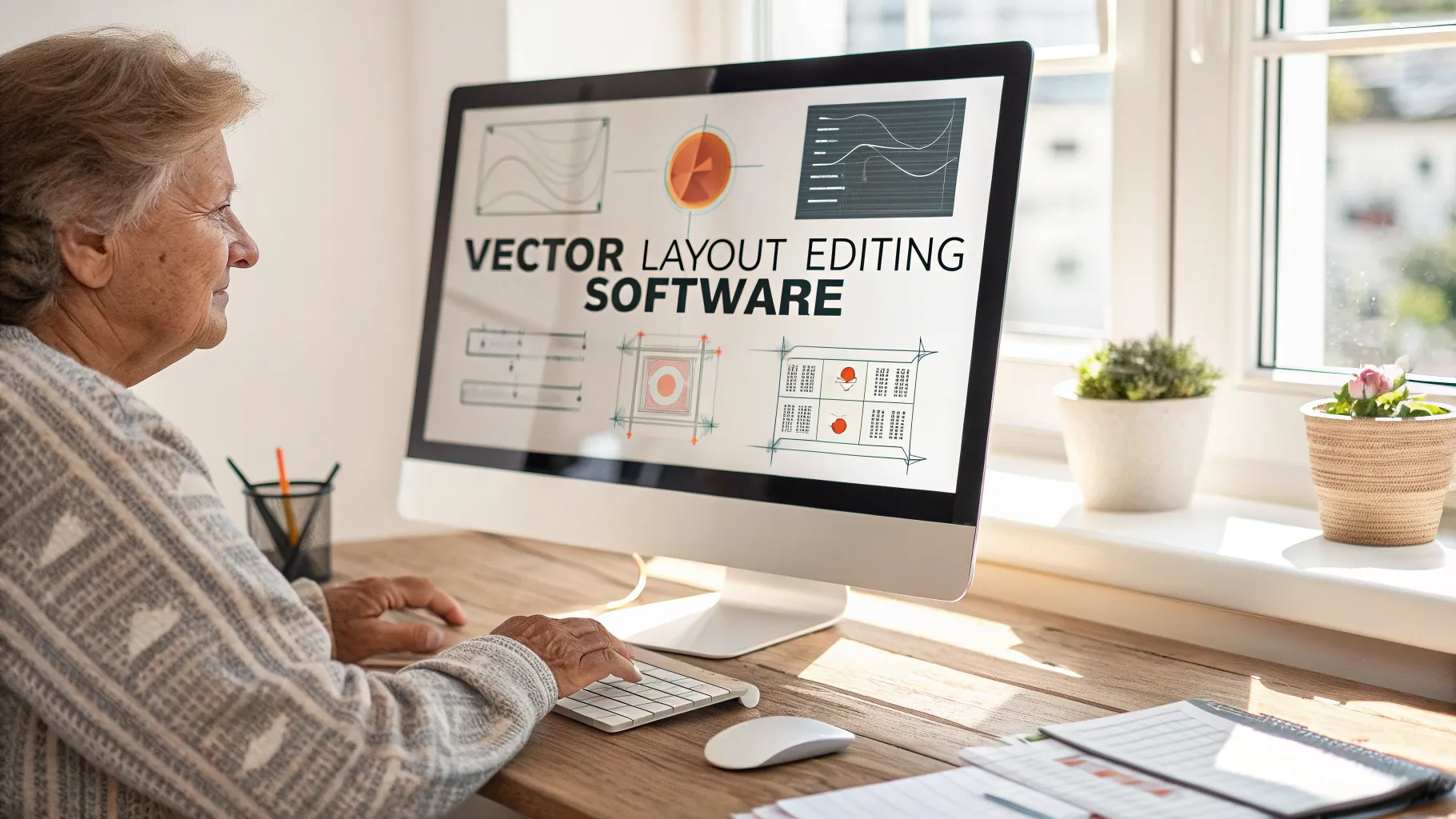 A student engages with vector layout editing software in an introductory graphic design class.