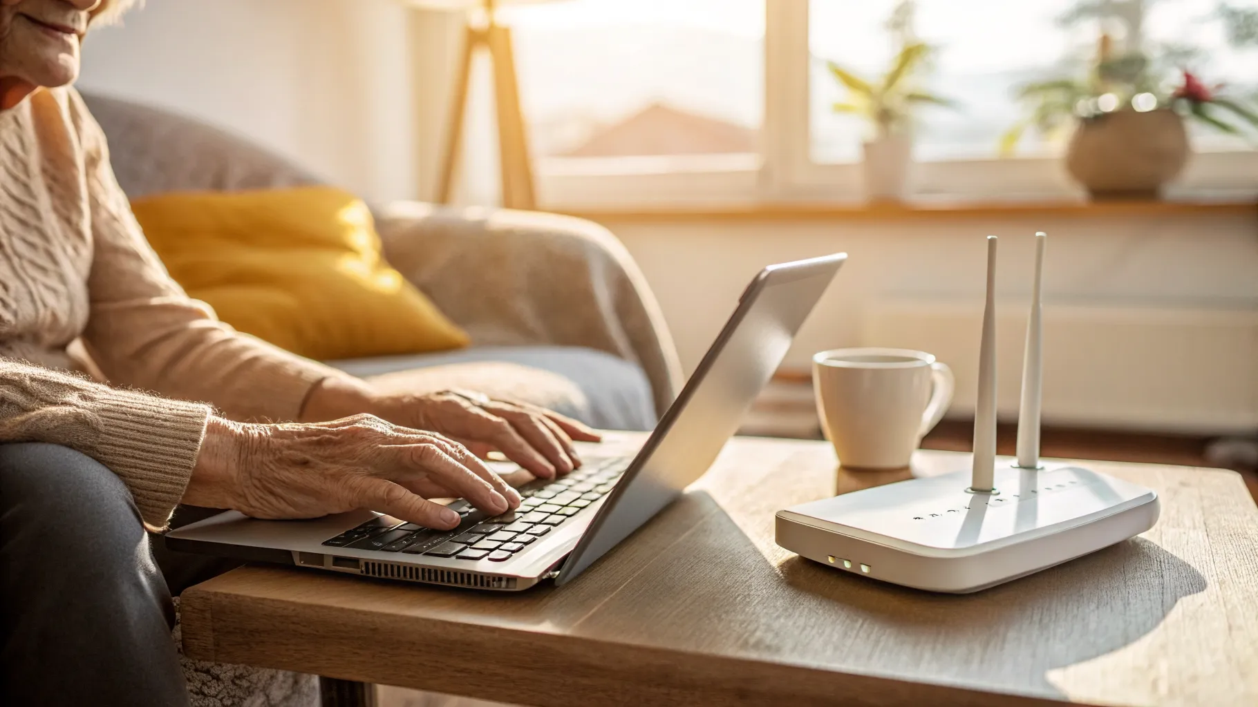 An elderly person navigating an elderly internet discount application on a tablet in a brightly lit room.
