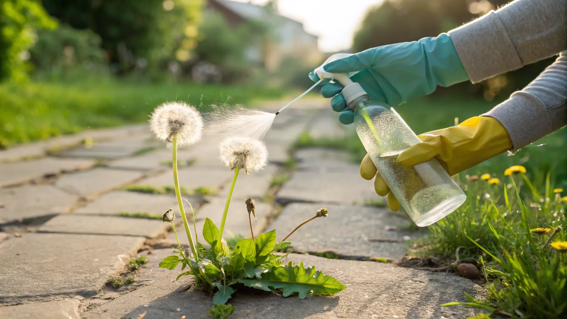 A person spraying a homemade pet safe natural weed killer on a weed in a garden path.